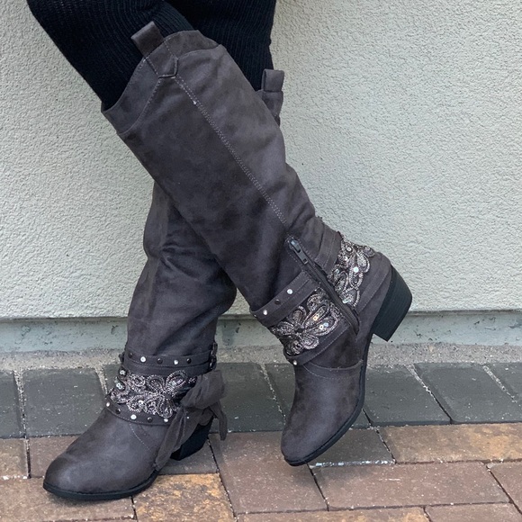 Boho Charcoal Grey Distressed Knee High Boots - Picture 6 of 8